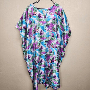 Granada Blue Purple Abstract Floral Vintage Kaftan Patio Dress One Size (4382)